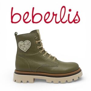 BEBERLIS Booties Kids Olive Heart Patch Leather Size 13/ EU 30 NWT